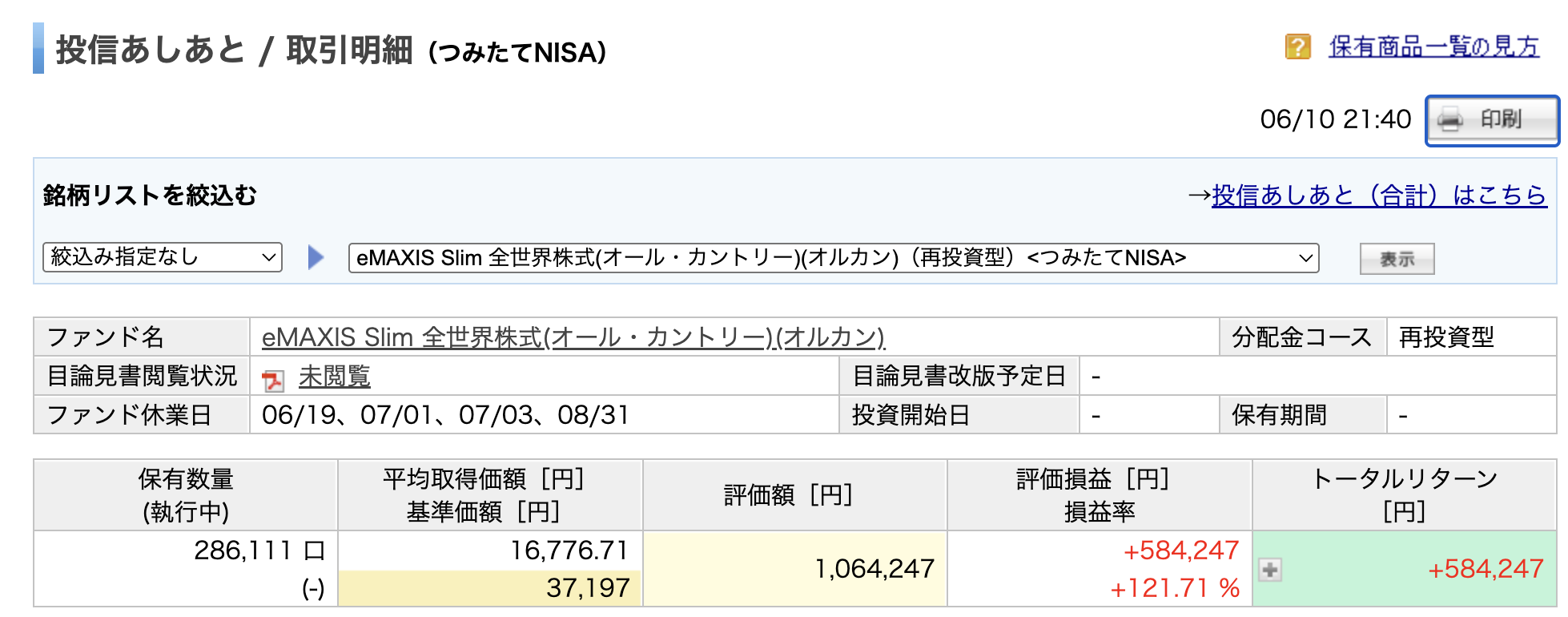 楽天証券 つみたてNISA eMAXIS Slim 全世界株式(オルカン)の運用実績